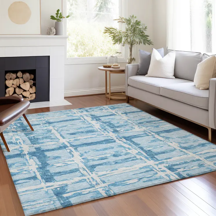 5' X 8' Sky Blue Denim Blue And Ivory Striped Washable Indoor Outdoor Area Rug