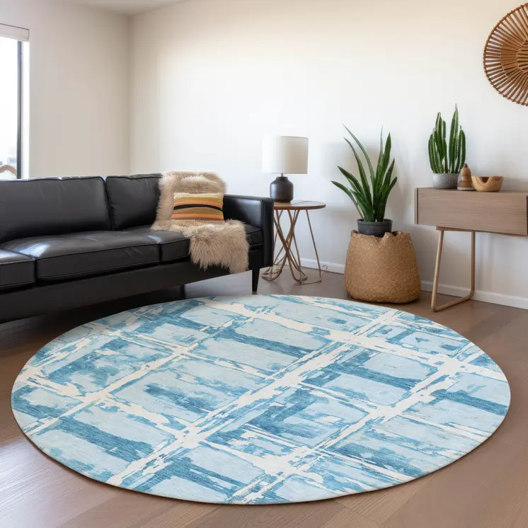 8' Sky Blue Denim Blue And Ivory Round Striped Washable Indoor Outdoor Area Rug