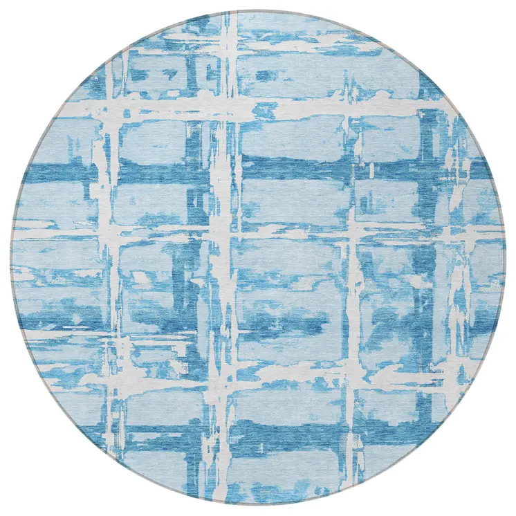 8' Sky Blue Denim Blue And Ivory Round Striped Washable Indoor Outdoor Area Rug