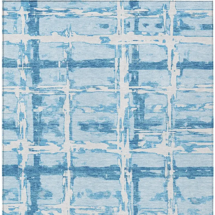 9' X 12' Sky Blue Denim Blue And Ivory Striped Washable Indoor Outdoor Area Rug