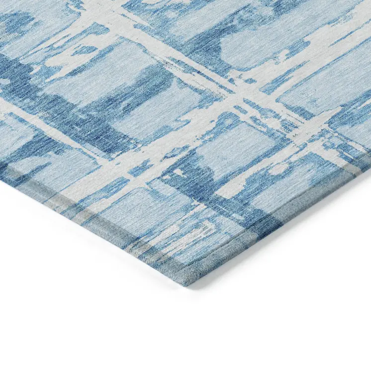9' X 12' Sky Blue Denim Blue And Ivory Striped Washable Indoor Outdoor Area Rug