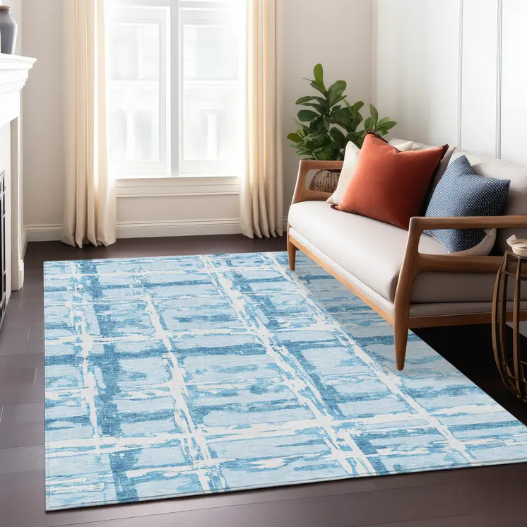 9' X 12' Sky Blue Denim Blue And Ivory Striped Washable Indoor Outdoor Area Rug