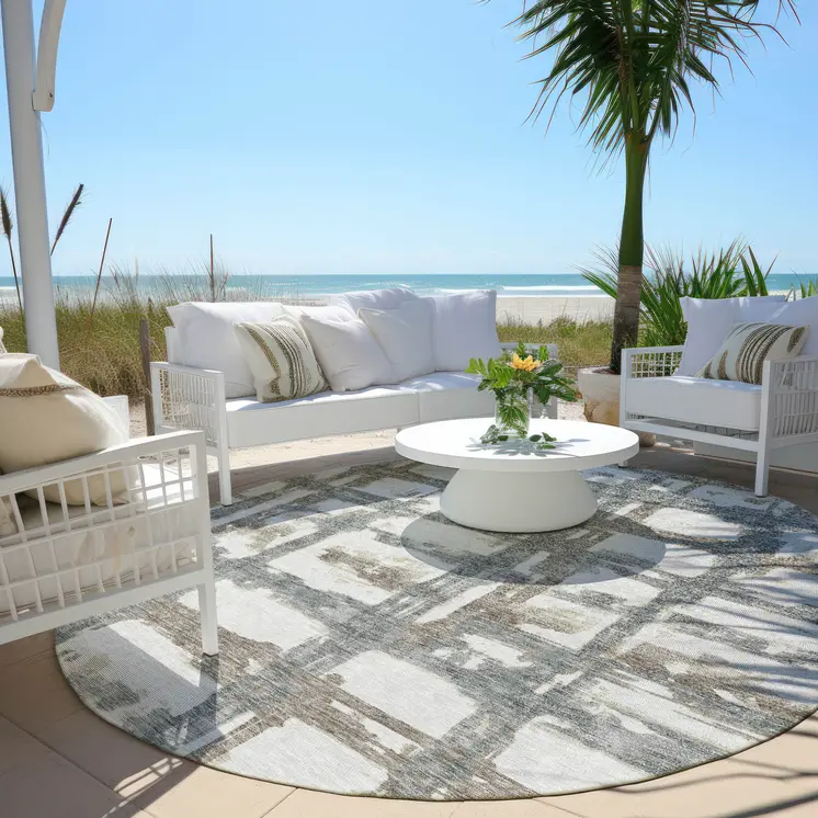 8' Silver Taupe And Gray Round Striped Washable Indoor Outdoor Area Rug