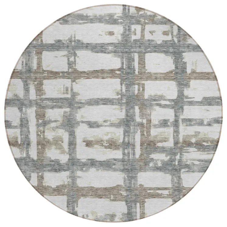 8' Silver Taupe And Gray Round Striped Washable Indoor Outdoor Area Rug
