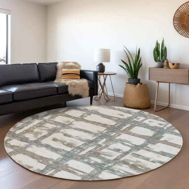 8' Silver Taupe And Gray Round Striped Washable Indoor Outdoor Area Rug