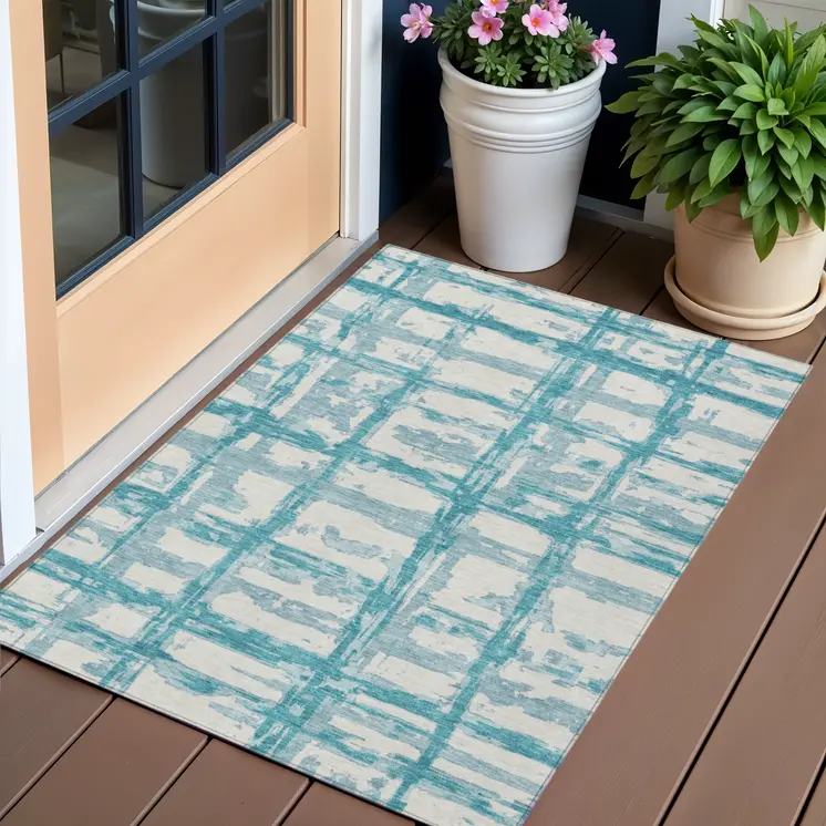 3' X 5' Teal Blue Aqua And Ivory Striped Washable Indoor Outdoor Area Rug