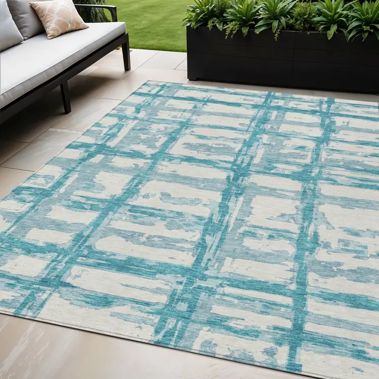 5' X 8' Teal Blue Aqua And Ivory Striped Washable Indoor Outdoor Area Rug