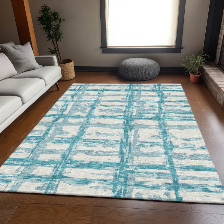 5' X 8' Teal Blue Aqua And Ivory Striped Washable Indoor Outdoor Area Rug