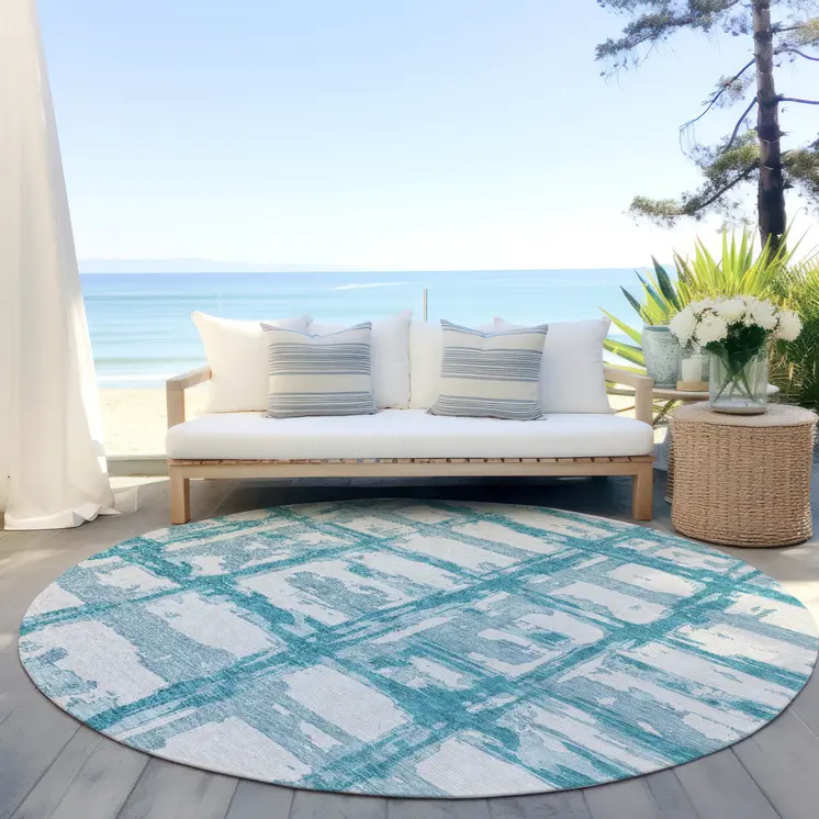 8' Teal Blue Aqua And Ivory Round Striped Washable Indoor Outdoor Area Rug