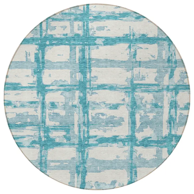 8' Teal Blue Aqua And Ivory Round Striped Washable Indoor Outdoor Area Rug