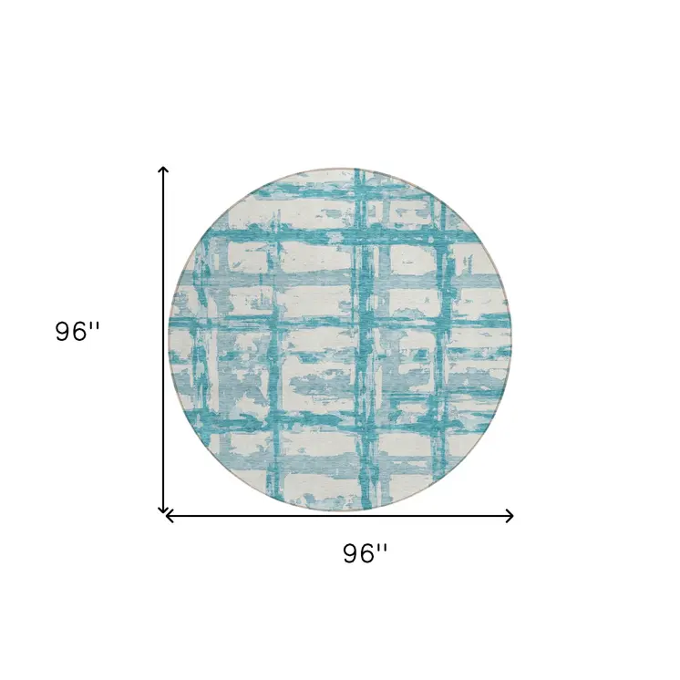 8' Teal Blue Aqua And Ivory Round Striped Washable Indoor Outdoor Area Rug