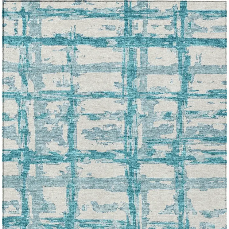 8' X 10' Teal Blue Aqua And Ivory Striped Washable Indoor Outdoor Area Rug
