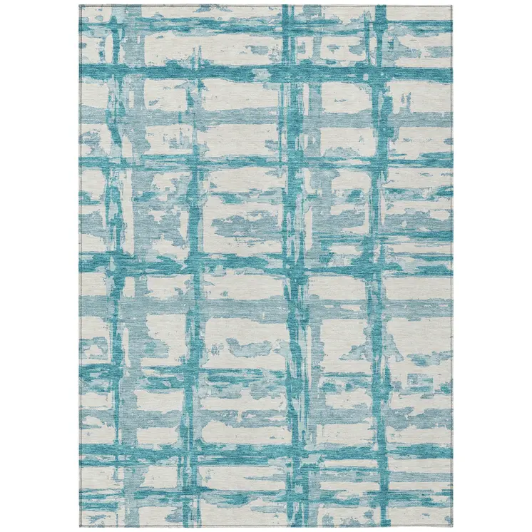 8' X 10' Teal Blue Aqua And Ivory Striped Washable Indoor Outdoor Area Rug