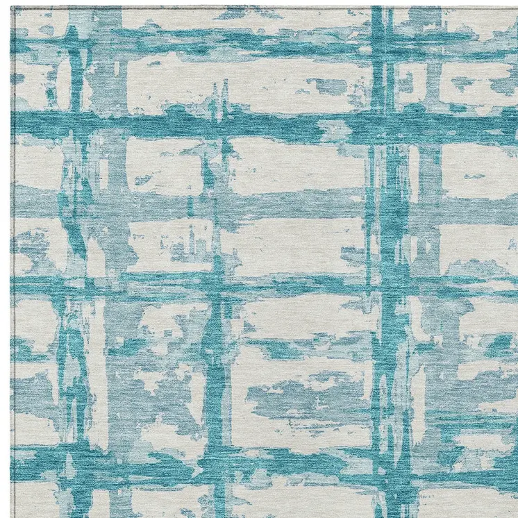8' X 10' Teal Blue Aqua And Ivory Striped Washable Indoor Outdoor Area Rug