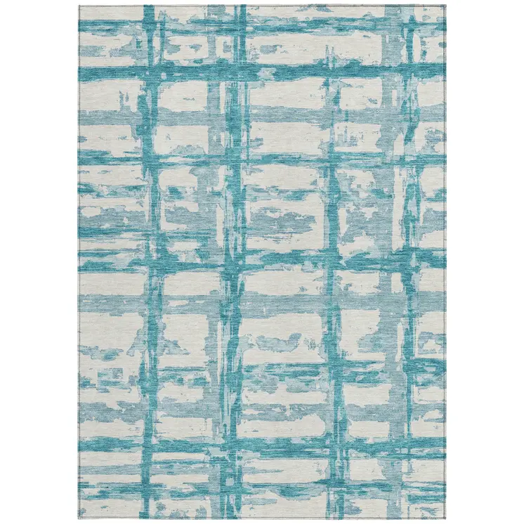 10' X 14' Teal Blue Aqua And Ivory Striped Washable Indoor Outdoor Area Rug