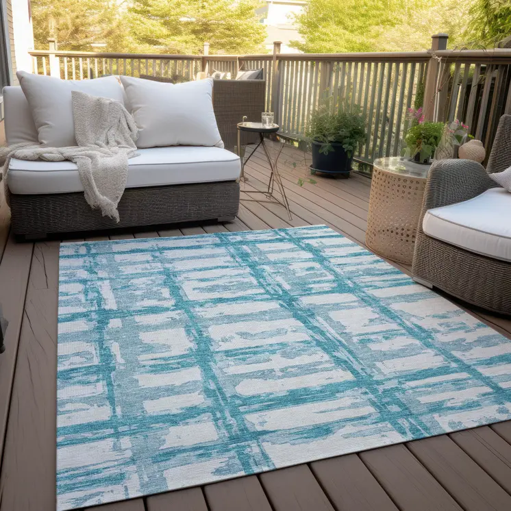 10' X 14' Teal Blue Aqua And Ivory Striped Washable Indoor Outdoor Area Rug