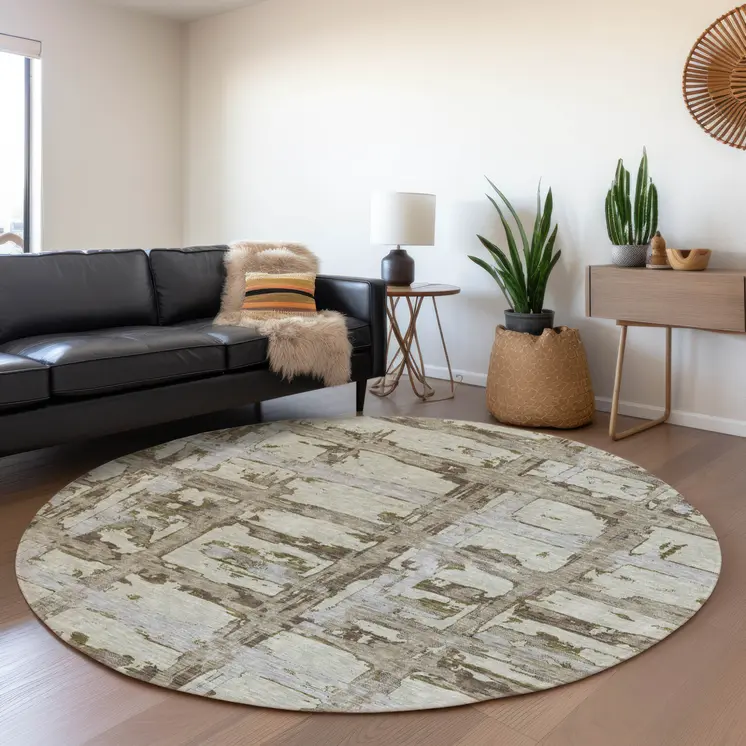 8' Taupe Gray And Brown Round Striped Washable Indoor Outdoor Area Rug