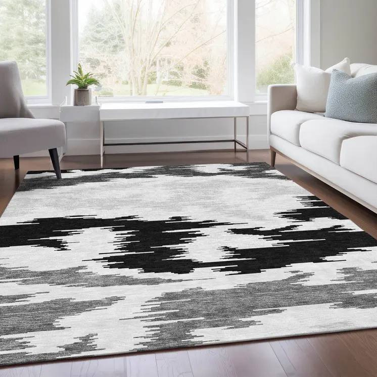 5' X 8' Black Gray And Silver Abstract Washable Indoor Outdoor Area Rug