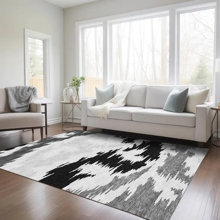 5' X 8' Black Gray And Silver Abstract Washable Indoor Outdoor Area Rug