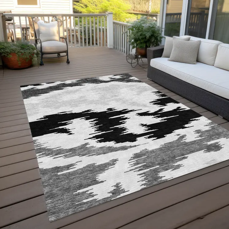 5' X 8' Black Gray And Silver Abstract Washable Indoor Outdoor Area Rug
