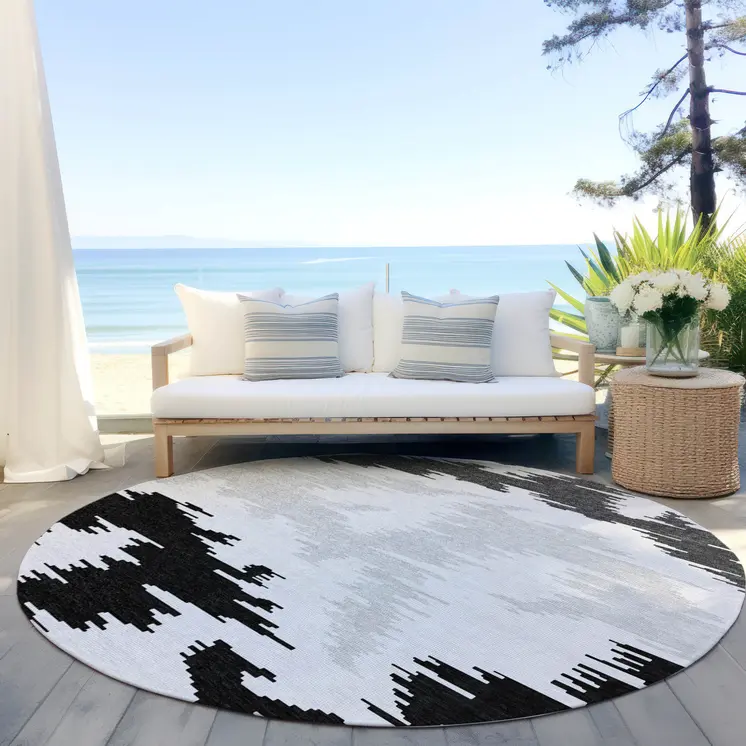 8' Black Gray And Silver Round Abstract Washable Indoor Outdoor Area Rug