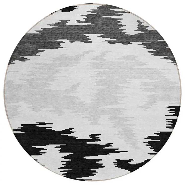 8' Black Gray And Silver Round Abstract Washable Indoor Outdoor Area Rug