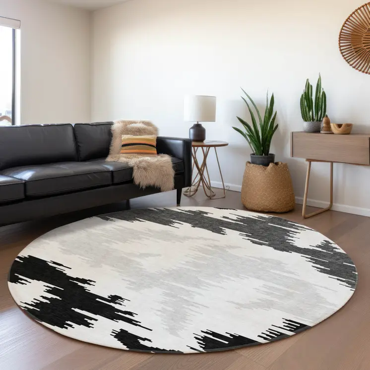 8' Black Gray And Silver Round Abstract Washable Indoor Outdoor Area Rug