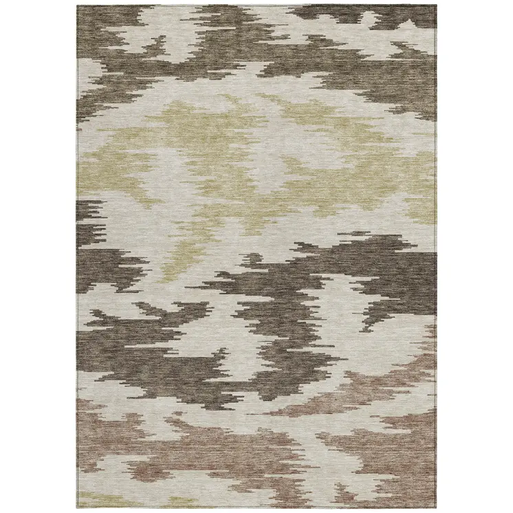 5' X 8' Chocolate Beige And Gold Abstract Washable Indoor Outdoor Area Rug