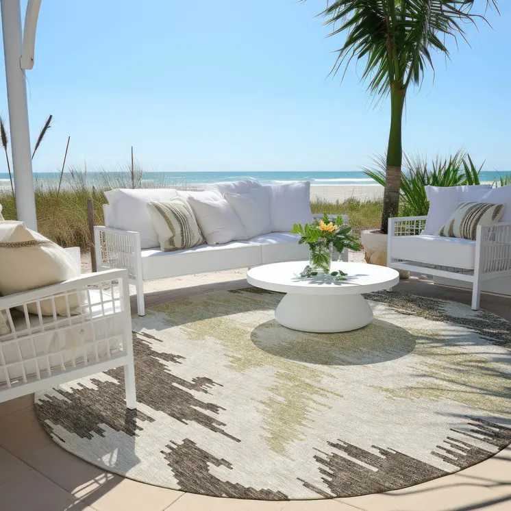 8' Chocolate Beige And Gold Round Abstract Washable Indoor Outdoor Area Rug