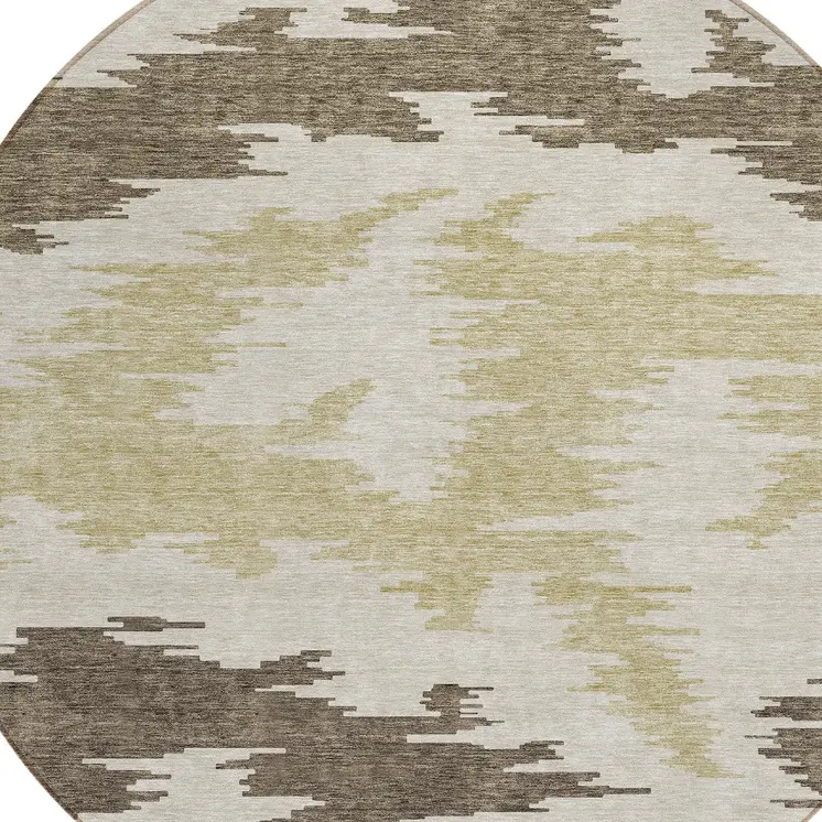 8' Chocolate Beige And Gold Round Abstract Washable Indoor Outdoor Area Rug