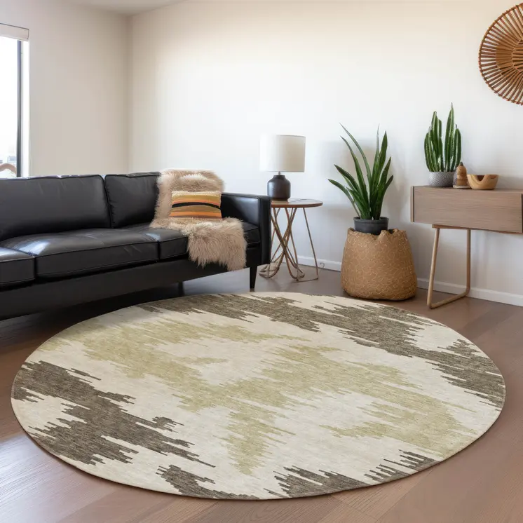8' Chocolate Beige And Gold Round Abstract Washable Indoor Outdoor Area Rug