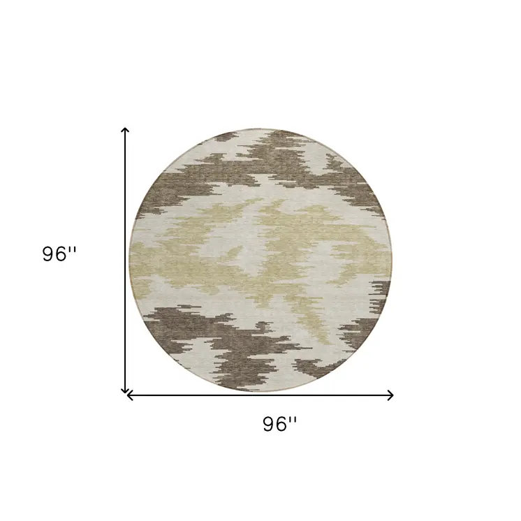 8' Chocolate Beige And Gold Round Abstract Washable Indoor Outdoor Area Rug