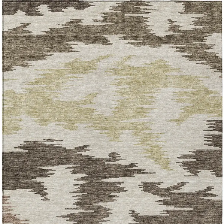 9' X 12' Chocolate Beige And Gold Abstract Washable Indoor Outdoor Area Rug