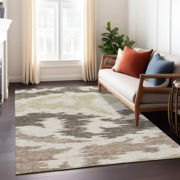 9' X 12' Chocolate Beige And Gold Abstract Washable Indoor Outdoor Area Rug