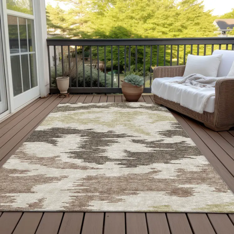 10' X 14' Chocolate Beige And Gold Abstract Washable Indoor Outdoor Area Rug