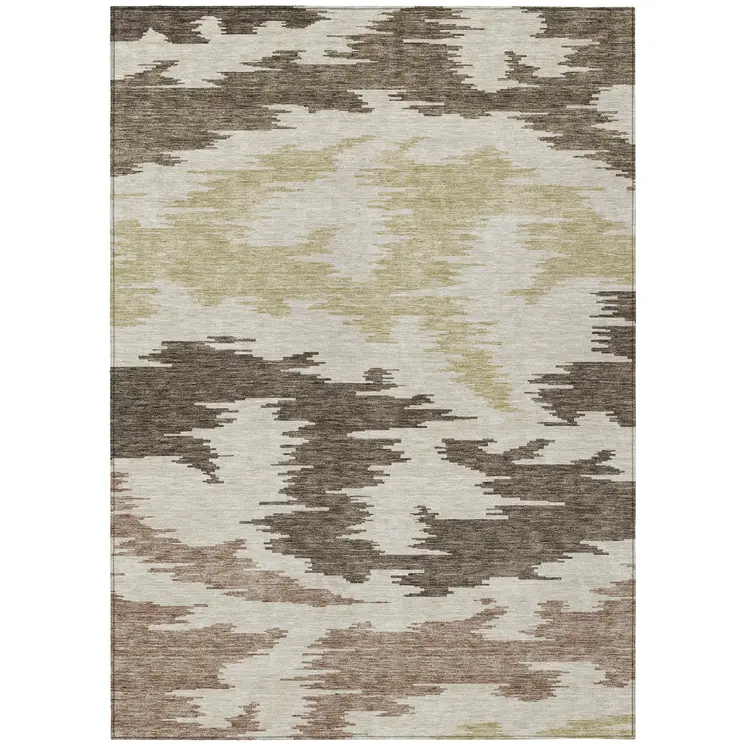 10' X 14' Chocolate Beige And Gold Abstract Washable Indoor Outdoor Area Rug