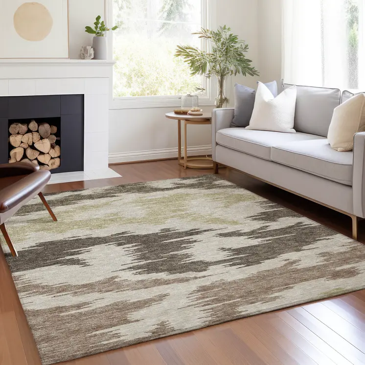 10' X 14' Chocolate Beige And Gold Abstract Washable Indoor Outdoor Area Rug