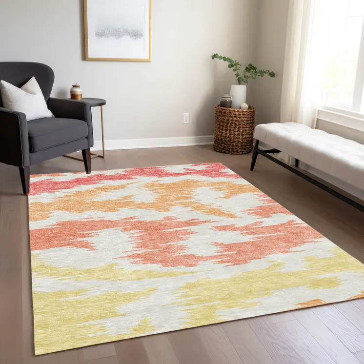 5' X 8' Coral Beige And Orange Abstract Washable Indoor Outdoor Area Rug
