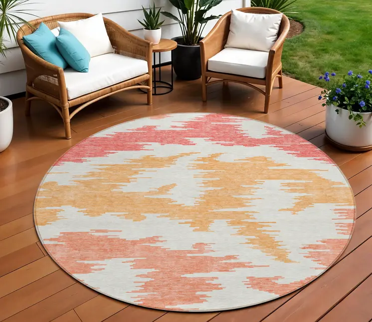 8' Coral Beige And Orange Round Abstract Washable Indoor Outdoor Area Rug