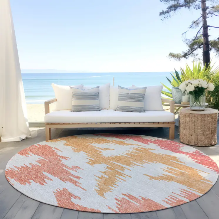 8' Coral Beige And Orange Round Abstract Washable Indoor Outdoor Area Rug