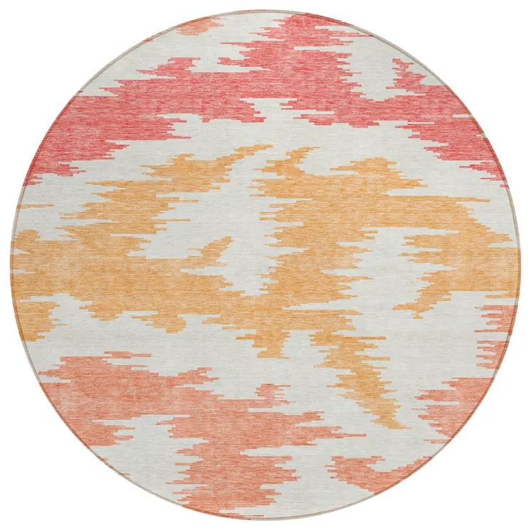 8' Coral Beige And Orange Round Abstract Washable Indoor Outdoor Area Rug