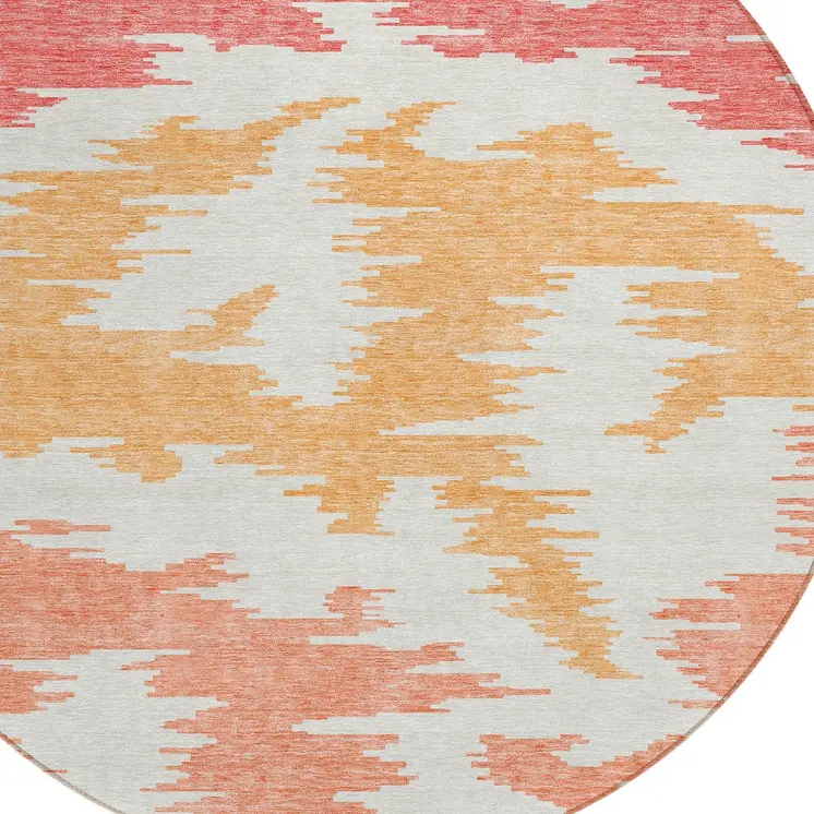 8' Coral Beige And Orange Round Abstract Washable Indoor Outdoor Area Rug