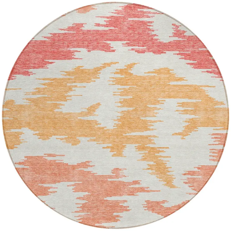 8' Coral Beige And Orange Round Abstract Washable Indoor Outdoor Area Rug