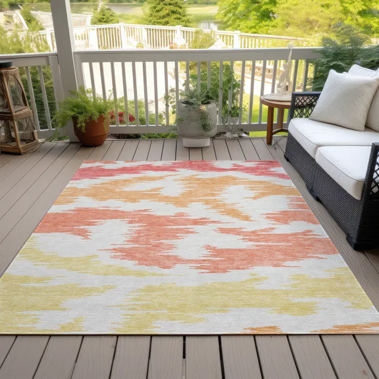 10' X 14' Coral Beige And Orange Abstract Washable Indoor Outdoor Area Rug