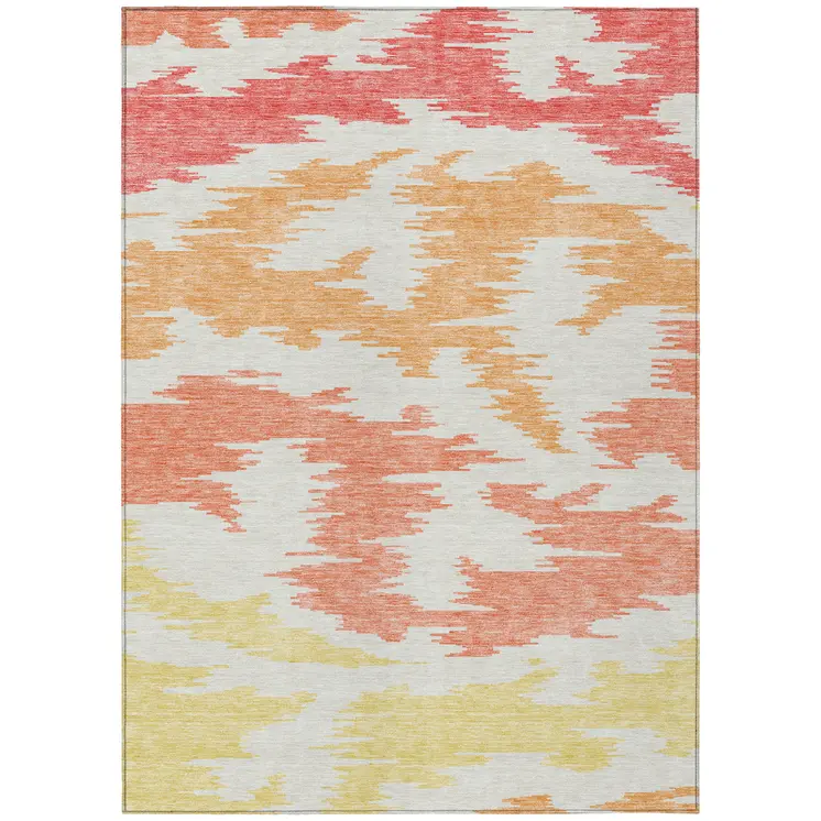 10' X 14' Coral Beige And Orange Abstract Washable Indoor Outdoor Area Rug