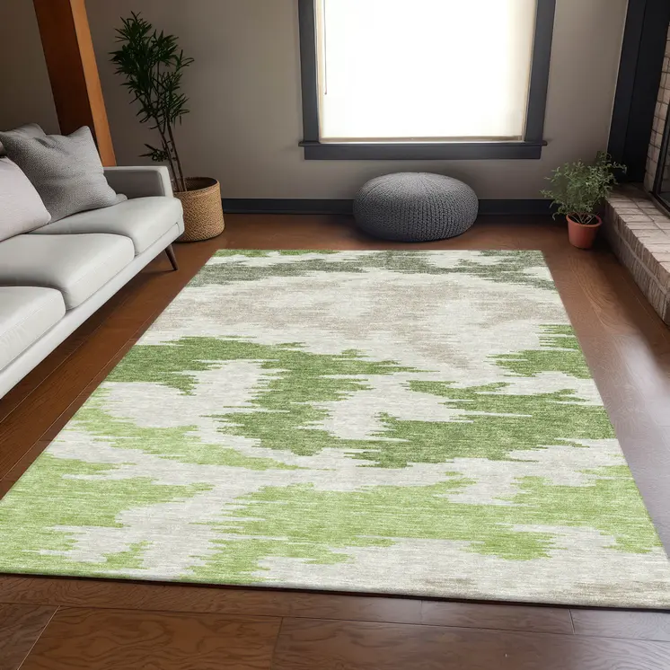 3' X 5' Olive Green And Beige Abstract Washable Indoor Outdoor Area Rug