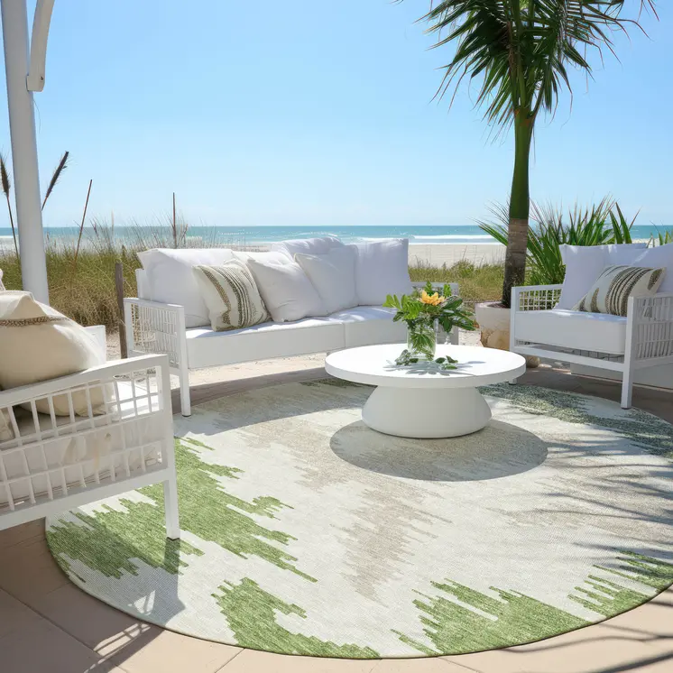 8' Olive Green And Beige Round Abstract Washable Indoor Outdoor Area Rug