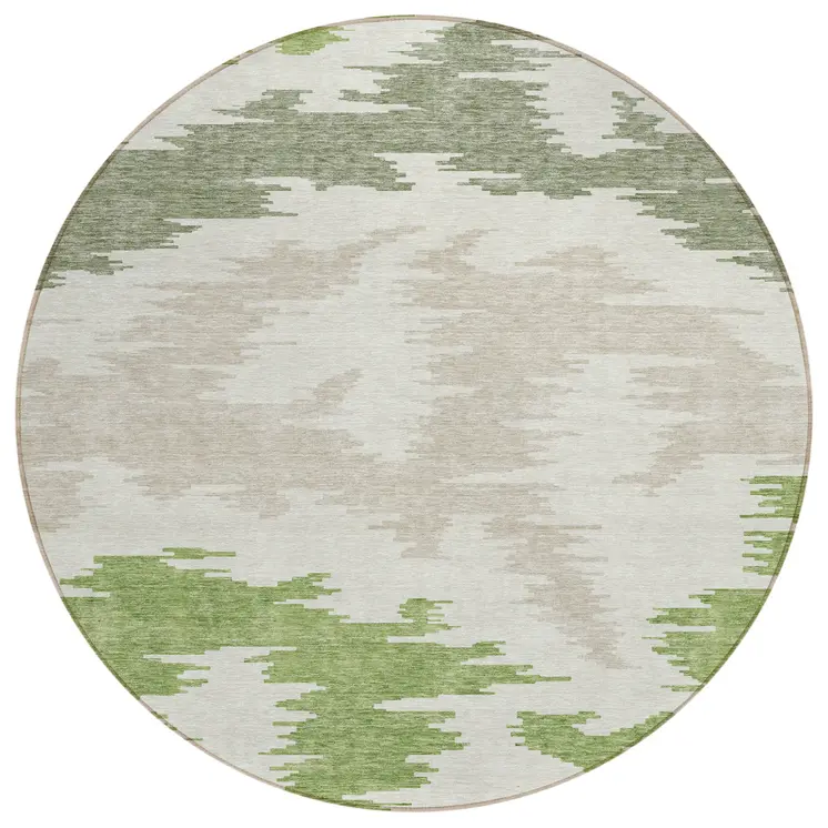 8' Olive Green And Beige Round Abstract Washable Indoor Outdoor Area Rug