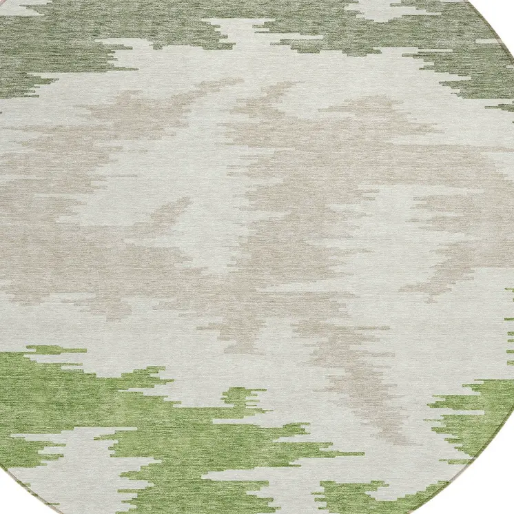 8' Olive Green And Beige Round Abstract Washable Indoor Outdoor Area Rug