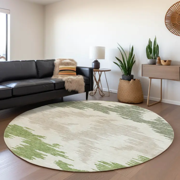 8' Olive Green And Beige Round Abstract Washable Indoor Outdoor Area Rug